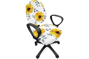 Ambesonne Floral Office Chair Slipcover, Watercolor Style Poppy Flowers with Leaves Romantic Spring Time Season, Protective Stretch Decorative Fabric Cover, Standard Size, White Yellow