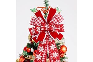 LaRibbons Large Christmas Tree Topper Bow,13 x 43 Inch Red Snowflakes, Buffalo Plaid, Velvet Tree Ribbon Topper Bow for Xmas Ornament Indoor Outdoor Decoration