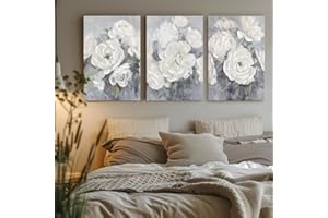ZESSONIC Gray and White Floral Wall Art Textured Set Of 3 Flowers Painting Canvas Neutral Prints Aesthetic Botanical Wall Decor Nature Pictures Living Room Bedroom Bathroom Office 16"x24"x3pcs