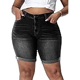 Gocolloa Womens Plus Size Jean Shorts High Waisted Stretchy Midi Bermuda Denim Shorts