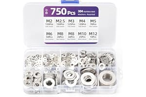 TIAMORK Washers for Screws, 750PCS Stainless Steel Washers, Metal Flat Washers, 9 Sizes Washers Assortment Set for Bolts, M2 