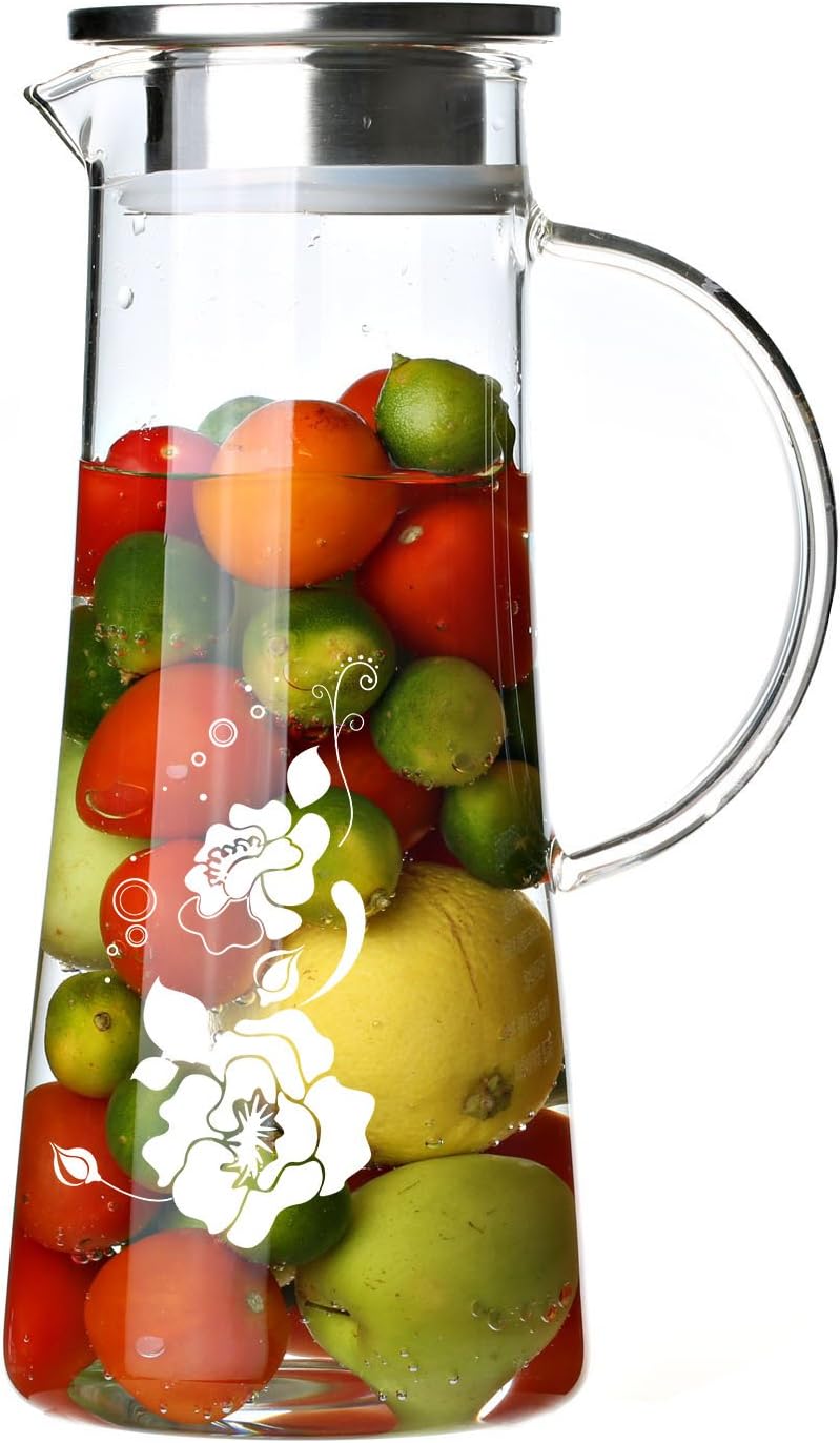 Cupwind 51 oz Glass Pitcher, Hot Cold Water Carafe, Juice/ Ice Tea Pitcher with Stainless Steel Infuser Lid( Flower in Water Pattern)