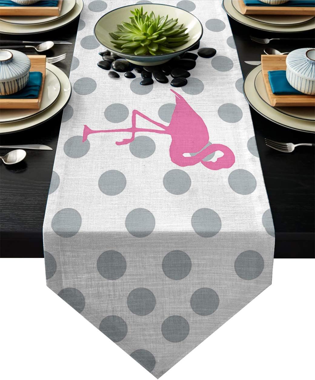 Fandim Fly Dining Table Runner 18 x 72 Inch, Grey Dots Background with Pink Flamingo Table Runners for Morden Stylish Wedding Party Holiday Table Setting Decor