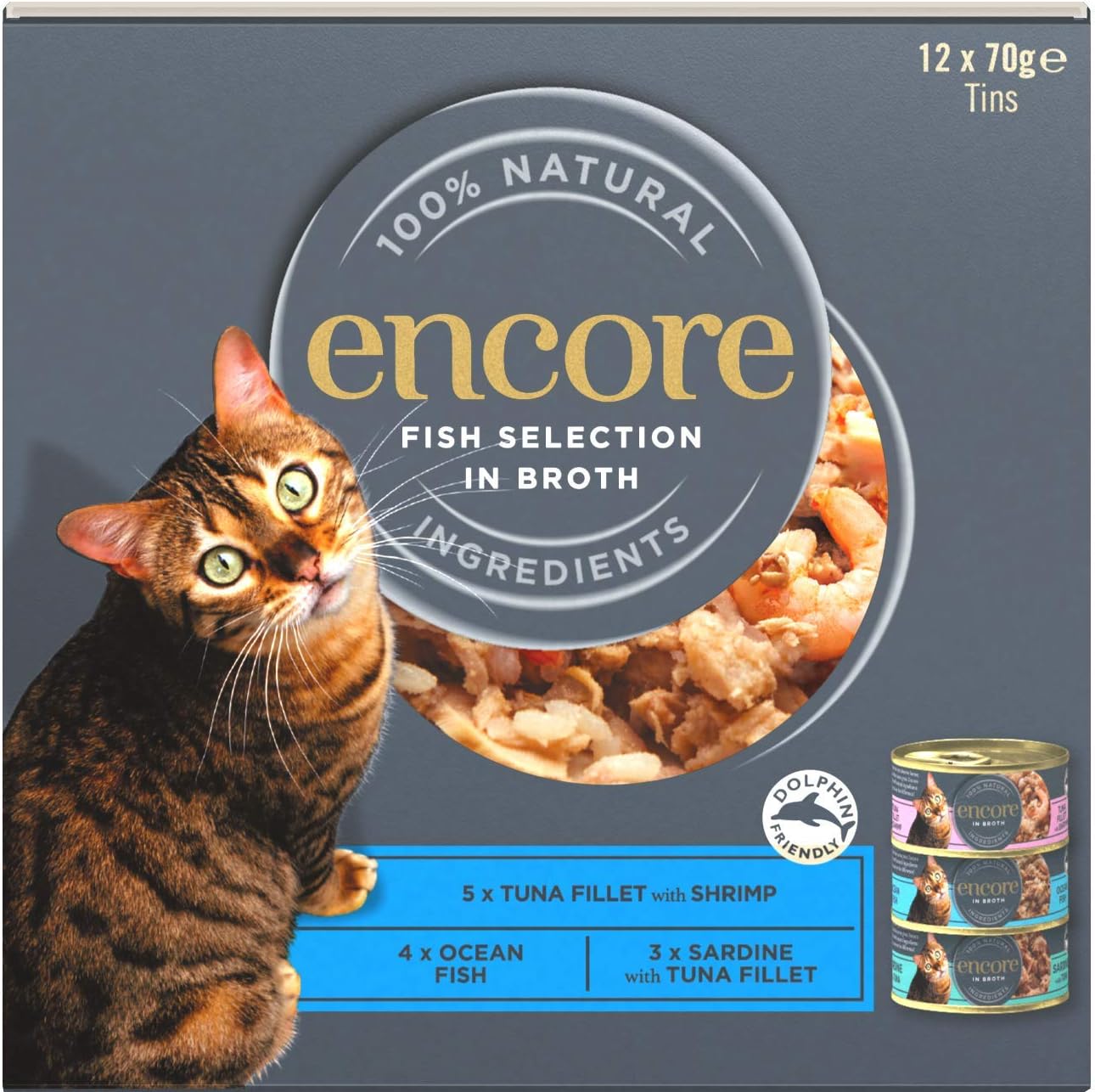 Encore 100 Natural Wet Cat Food, Multipack Fish Selection in Broth 4 x 12 x 70g (Total 48 Tins