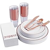FOCUSLINE 175 Count Rose Gold Dinnerware Set for 25 Guests - Rose Gold Rimmed White Disposable Plastic Plates Heavy Duty, Includes 25 Dinner & Salad Plates, Cups, Cutlery Set for Wedding Parties