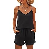 Caracilia Womens 2 Piece Lounge Sets Summer Outfits V Neck Tank Top Short Matching Set Casual Travel Beach Vacation Clothes