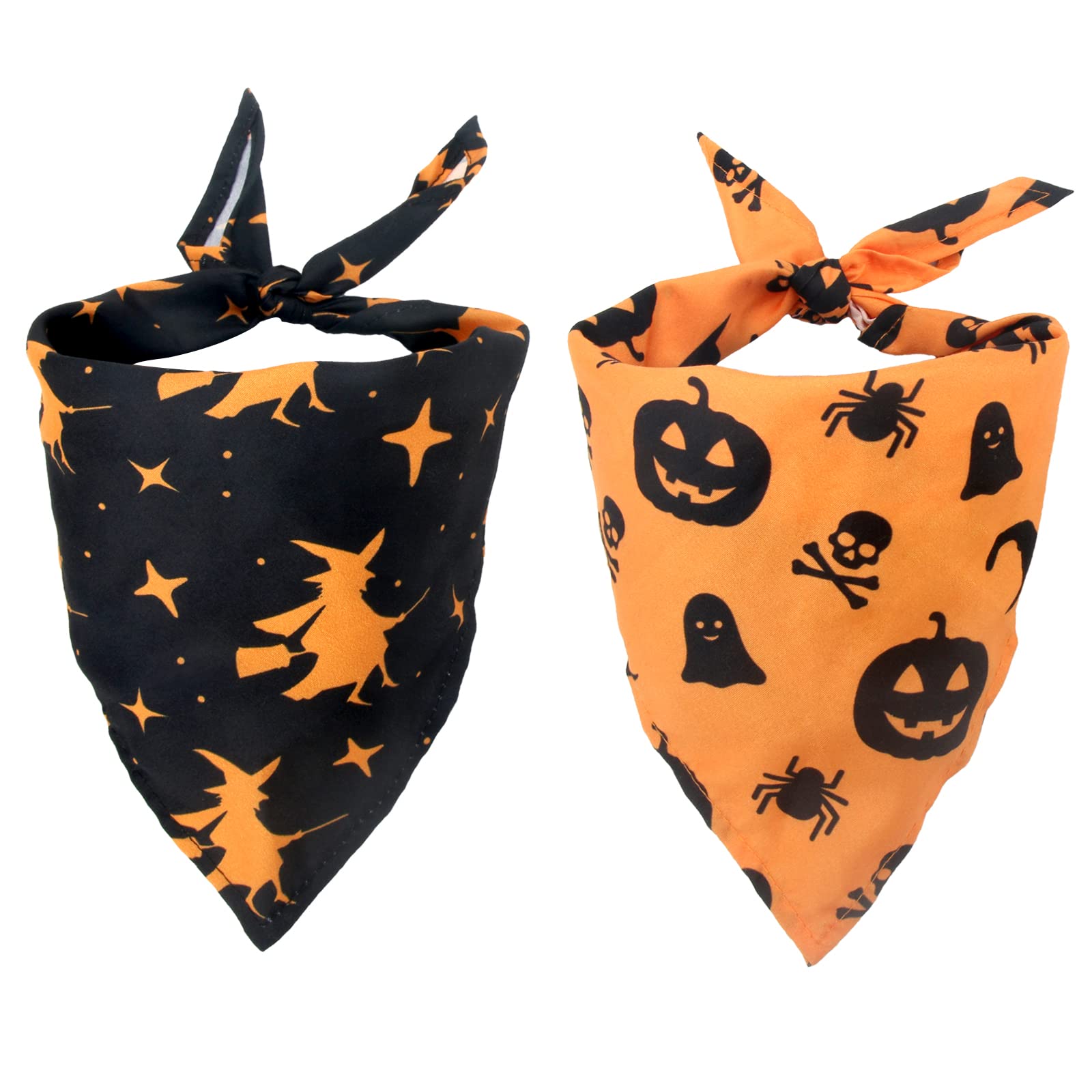 Washable Halloween Witch Pumpkin Pattern Dog Scarf, 2pcs Adjustable Triangle Cat Dog Neckerchief, Halloween Pet Costume Accessories for Puppy Small Medium Large Dogs