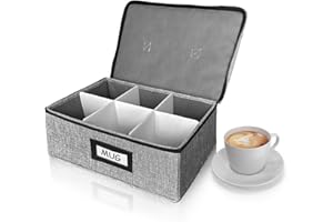 HURZMORO Cup and Mug Storage Box with Dividers – Stackable Hard Shell Organizer with Zipper Lid and Handles, Holds 6 Coffee M