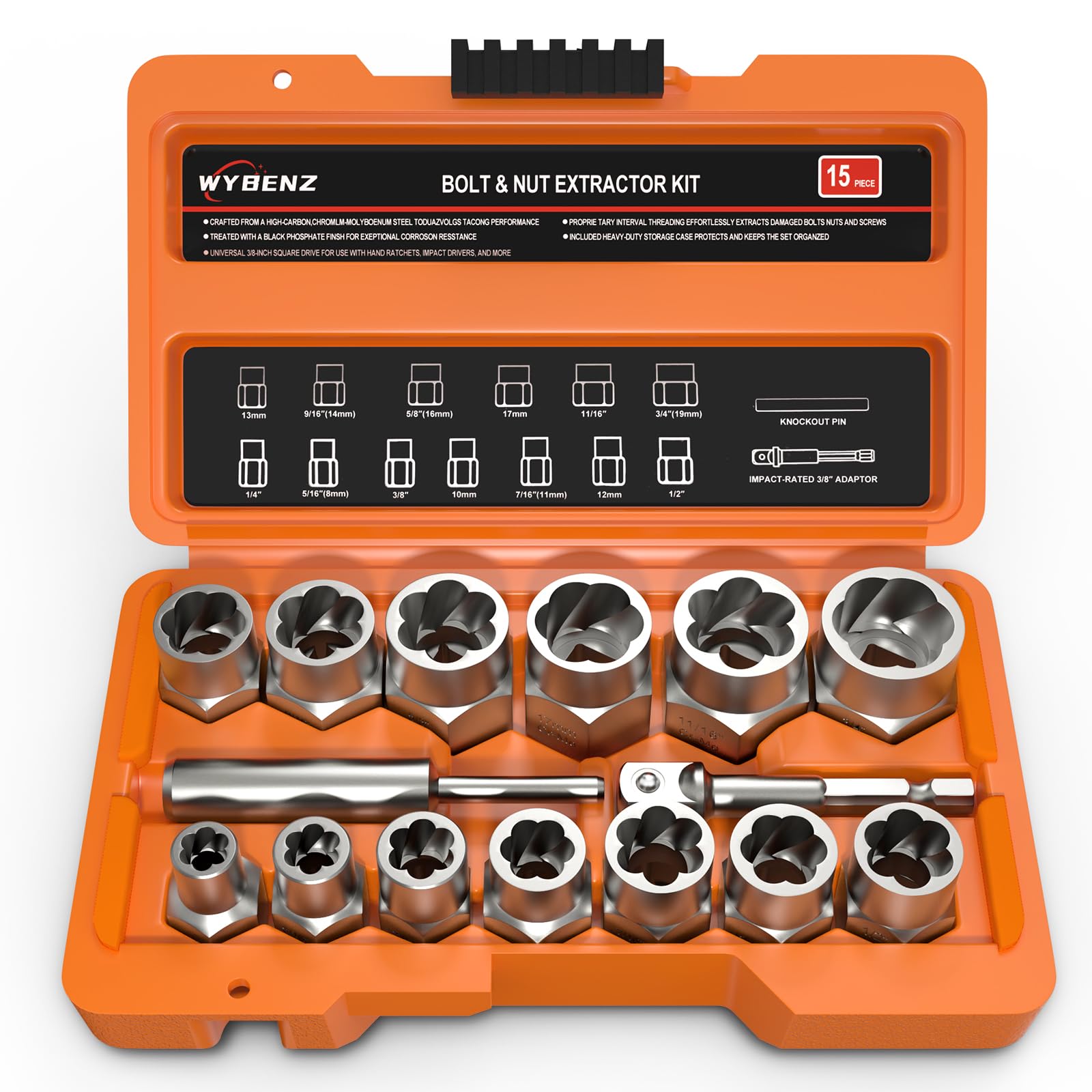 Photo 1 of 15 PCS Bolt Extractor Set, 3/8" Drive Impact Bolt & Lug Nut Remover Socket Tool Kit, Stripped Bolt Extractor Socket Set For Broken,Damaged, Frozen, Studs, Rusted, Rounded-Off Bolts, Nuts & Screws