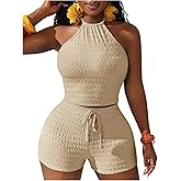 SOLY HUX Women's 2 Piece Summer Vacation Outfits Textured Halter Cami Crop Tops and Tie Front Shorts Beach Sets