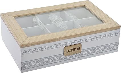 CAJA TE INFUSIONES MADERA CRISTAL 6 COMPARTIMENTOS PLUMA BLANCO: Amazon.es: Belleza
