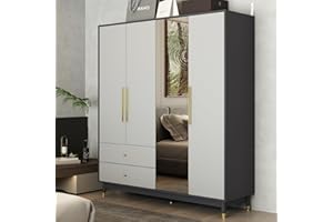 Hitow 4 Door Wardrobe Armoire Closet with Mirror, Wooden Large Wardrobe Cabinet with 2 Drawers & 2 Hanging Rod, Wide Bedroom Armoire Clothes Organizer, Type B Grey (63" W x 18.9" D x 70.9" H)