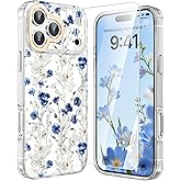 MILPROX Compatible with iPhone 17 Pro Flowers Case 6.3 inch, Cute Pretty Floral Pattern Clear Girly Design for Women Girls, Elegant Aesthetic Classy Shockproof Hard Back Cover - Blue White Daisy