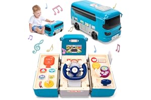 Cute Stone Kids Bus Driving Toy With Sound & Light, Musical School Bus for Toddlers, Simulation Steering Wheel, Educational P