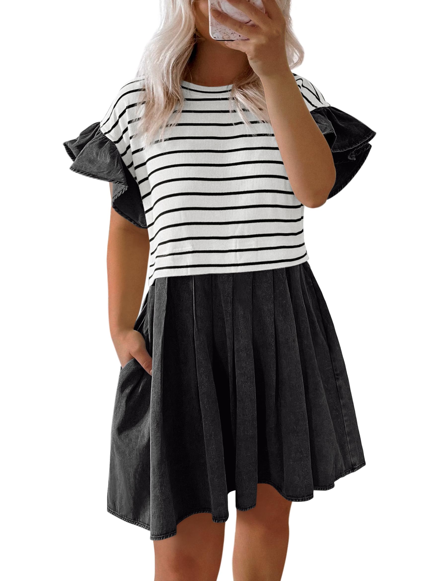 Photo 1 of (bagged) (used/fair) (large) POTILI Plus Size Dresses for Curvy Women Summer Ruffle Short Sleeve Casual Denim Jean Dress Swing A Line Babydoll Mini Dress with Pocket 2025 Trendy Outfits Black LARGE