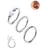 Jewseen 20G 3PCS Nose Rings Hoops 316L Surgical Steel Opal Nose Rings for Women 8mm/10mm Septum Rings Clear CZ Daith Helix Tragus Conch Piercing Jewelry Cartilage Earring