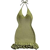 GORGLITTER Women's Crochet Halter Knit Bubble Backless Dresses Summer Vacation Festival Cruise Hawaii Beach Outfits