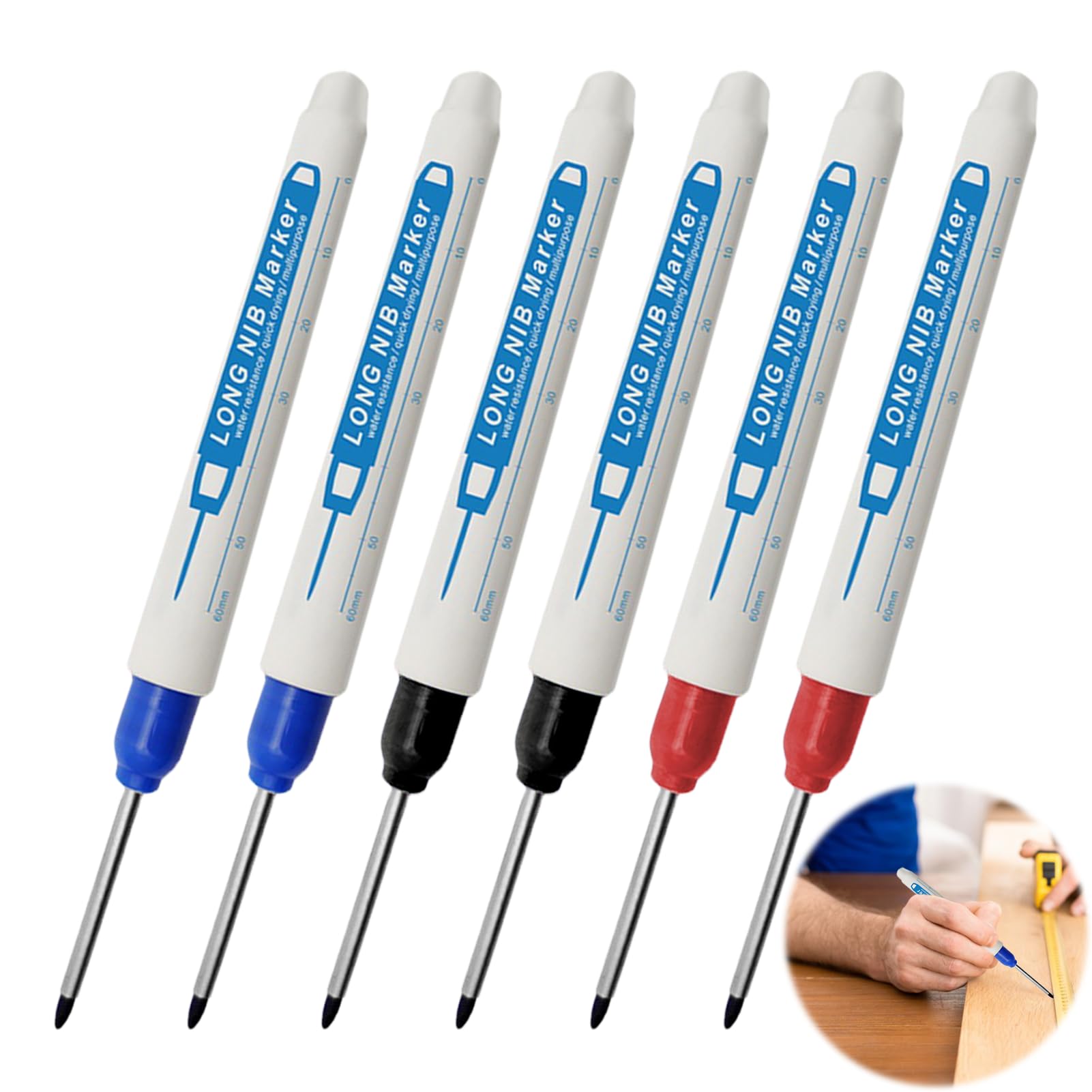 6PCS Deep Hole Marker Pen 30mm Long Nib Marker Pen Waterproof Marking Pen Multi-Purpose Fine Tip Hole Marker Tool Colorful Marking Carpenter for Woodworking and Carpenters Builders (Black/Blue/Red)