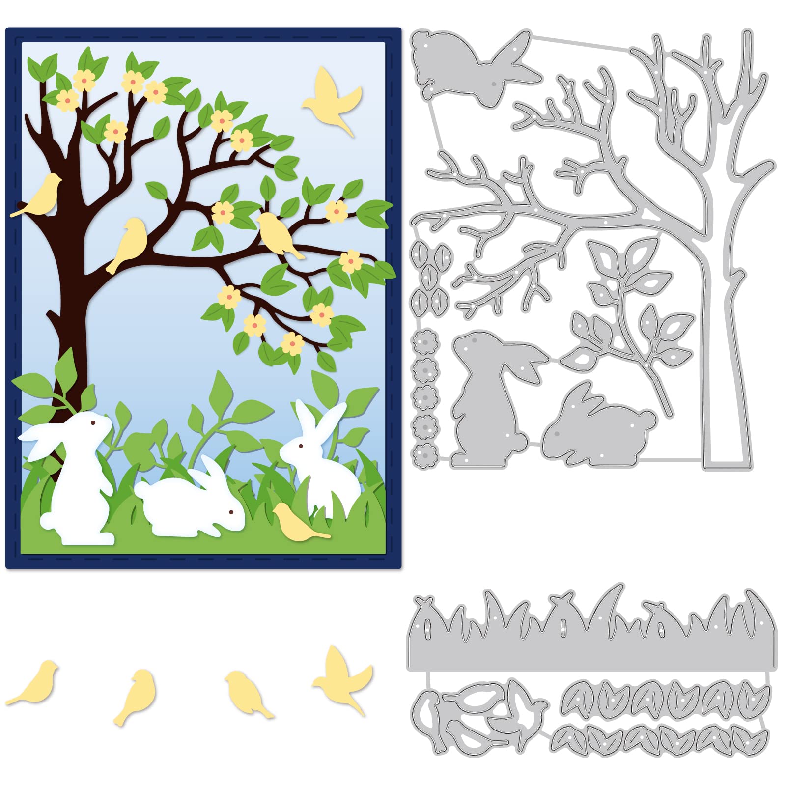 BENECREAT 2Pcs Spring Theme Carbon Steel Cutting Dies Stencils, 2 Styles Rabbit Tree Birds Metal Embossing Stencil Cut Stencils for DIY Scrapbooking, Photo Album, Decorative Paper Card