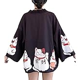 LAI MENG FIVE CATS Women's Lucky Cat Cardigan Kimono Loose Cover up Casual Blouse Cute Tops