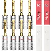 Viborg 4Pairs Hi-end Banana Plug Connectors 24K Gold-Plated HiFi Audiophile Jack Terminals Dual Screws Locking or Soldering for Speaker Wires (Suit 8-16 AWG, with Tubing)