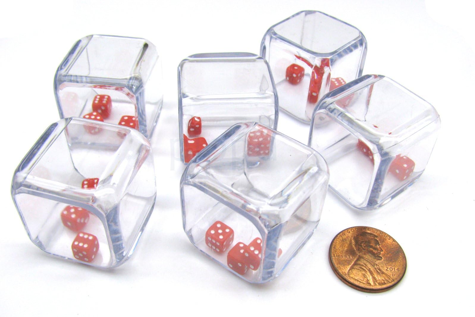 Pack of 6 '3 in a Cube' Dice - Three 5mm Red Tiny Dice Inside 25mm Clear Cube