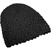 LisLic Women's Black Crochet Slouchy Beanie Hat, Handmade Knit Soft Floral Skull Cap for Women Spring Summer Fall (Black Knit Hat)