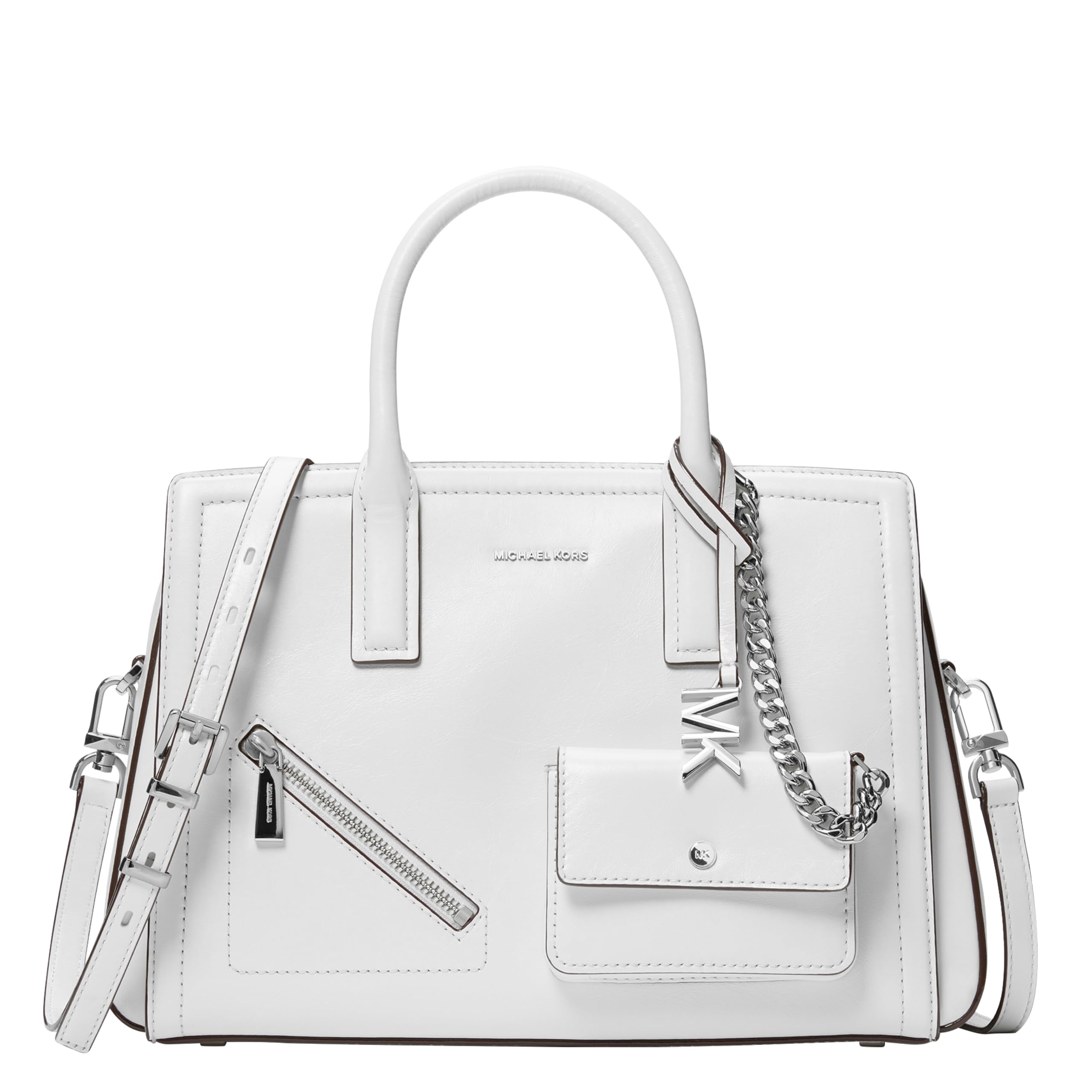 Michael Kors Women’s Laila Medium Satchel, Silver-Tone Hardware/Leather, Optic White