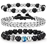 Dazylleco 3pc Mens Beaded Bracelets Silver Stainless Steel Chain Bracelet for Men Handmade Braided Bracelet Sets Jewelry Gifts for Men