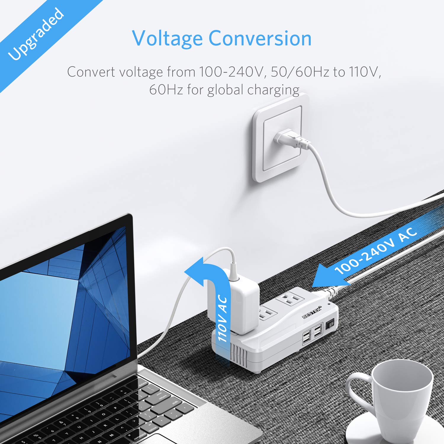 BESTEK Universal Travel Adapter 220V to 110V Voltage Converter with 0-2.4A 4 Port USB Charging and UK/AU/US/EU Worldwide Plug Adapter (White)