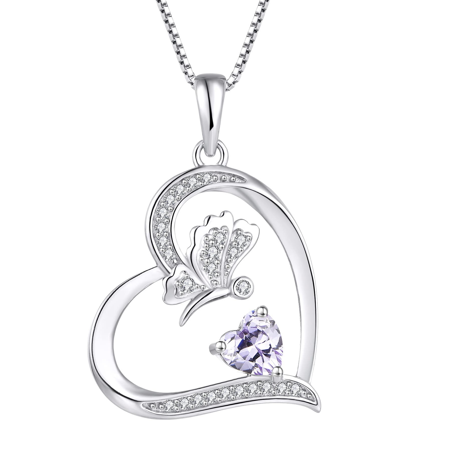 FJ Love Heart Butterfly Necklace 925 Sterling Silver Alexandrite Necklace June Birthstone Pendant Jewellery for Women