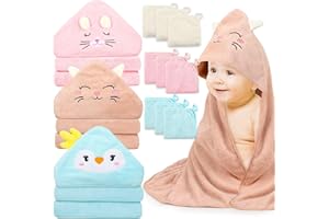SUBLAGA 12 PCS Hooded Baby Towels, Soft Baby Towels, Absorbent Baby Bath Towels, 3 PCS Baby Towels, and 9 PCS Baby Washcloths for Newborns, Toddlers, and Kids, 32x32 in Baby Towels with Hood for Boy and Girl