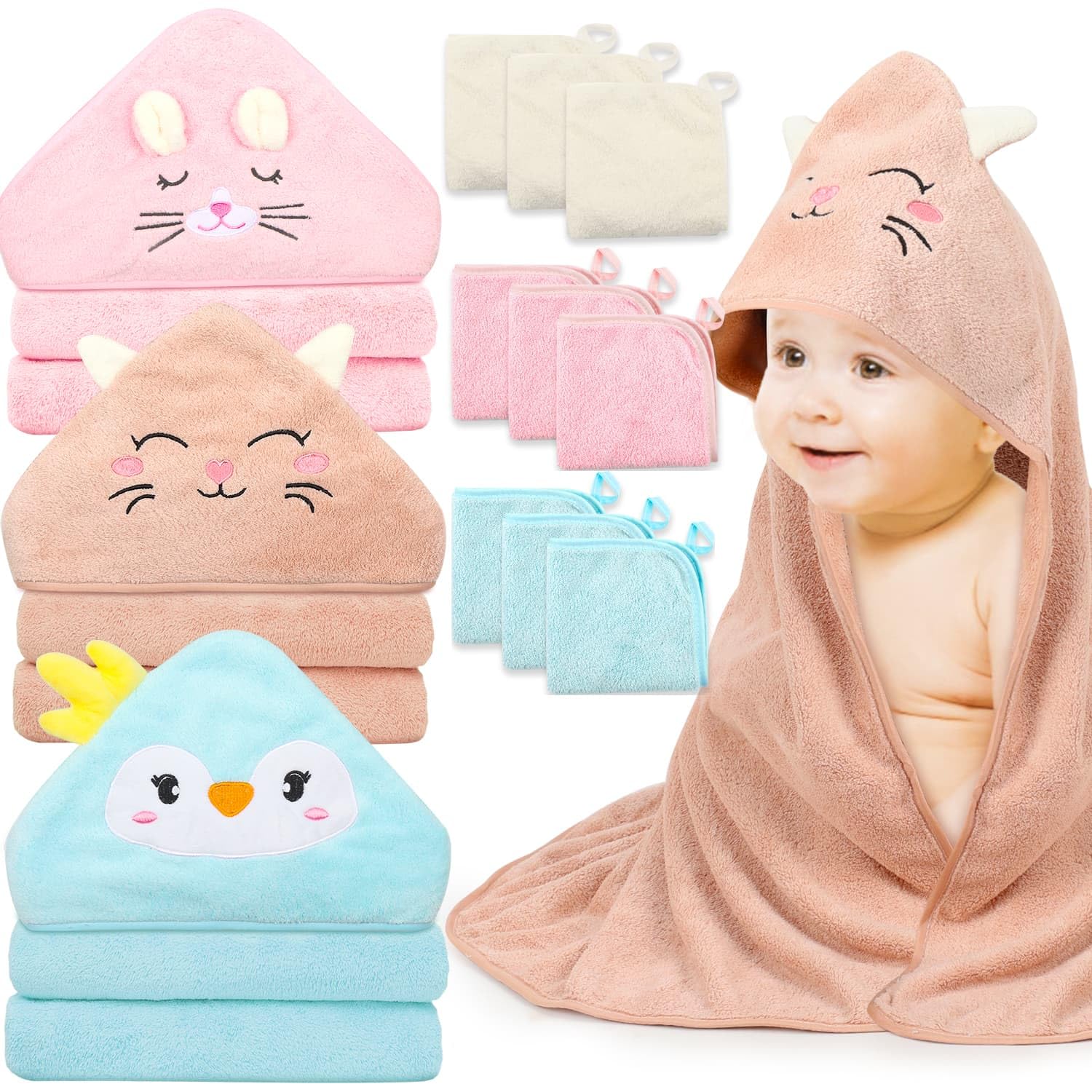 View 1 of 12 PCS Hooded Baby Towels, Soft Baby Towels, Absorbent Baby Bath Towels, 3 PCS Baby Towels, and 9 PCS Baby Washcloths for Newborns, Toddlers, and Kids, 32x32 in Baby Towels with Hood for Boy and Girl