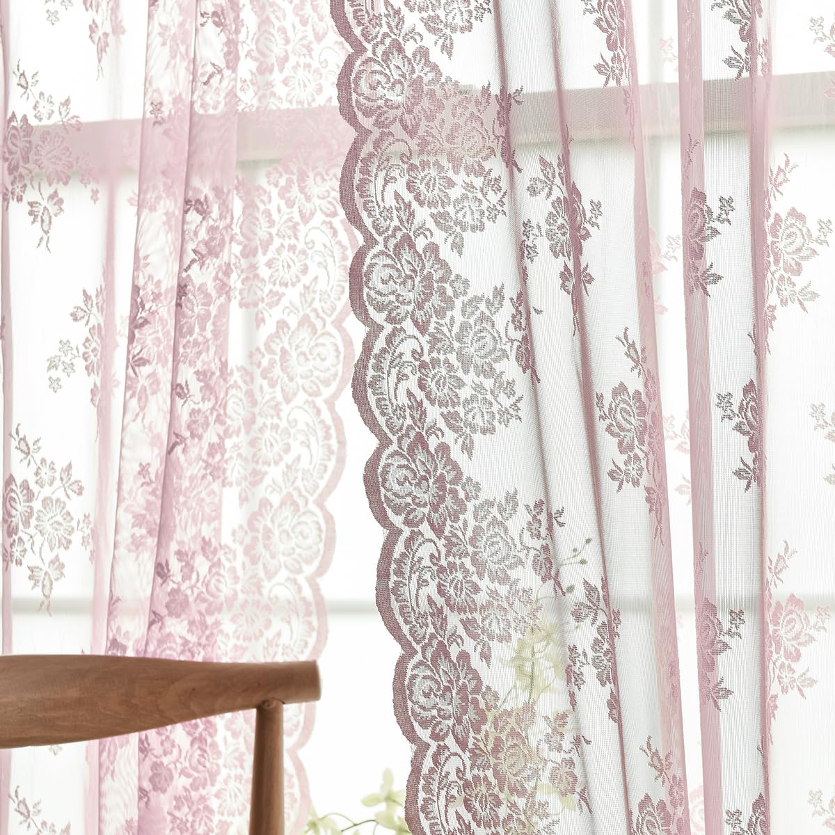 Photo 1 of Kotile Pink Lace Curtains for Girls Bedroom - Vintage Floral Sheer Lace Curtains 63 Inch Length 2 Panels Set, Privacy Grommet Lace Curtains for Windows, 52 x 63 Inch, Pink