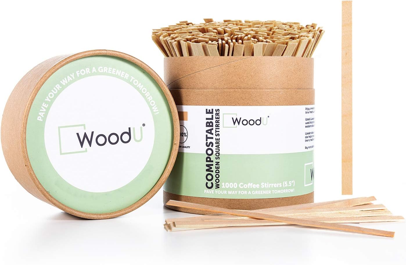 WoodU Disposable Coffee Stir Sticks 5.5”- Sturdy Square End Compostable and Biodegradable Brich Wood Stirrers for Tea, Juice, Cocktail- 100% Ecofriendly.
