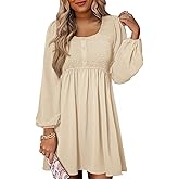 Dokotoo Womens 2026 Casual Dresses Smocked Crewneck Button Up Long Sleeve Empire Waist A-Line Mini Dress