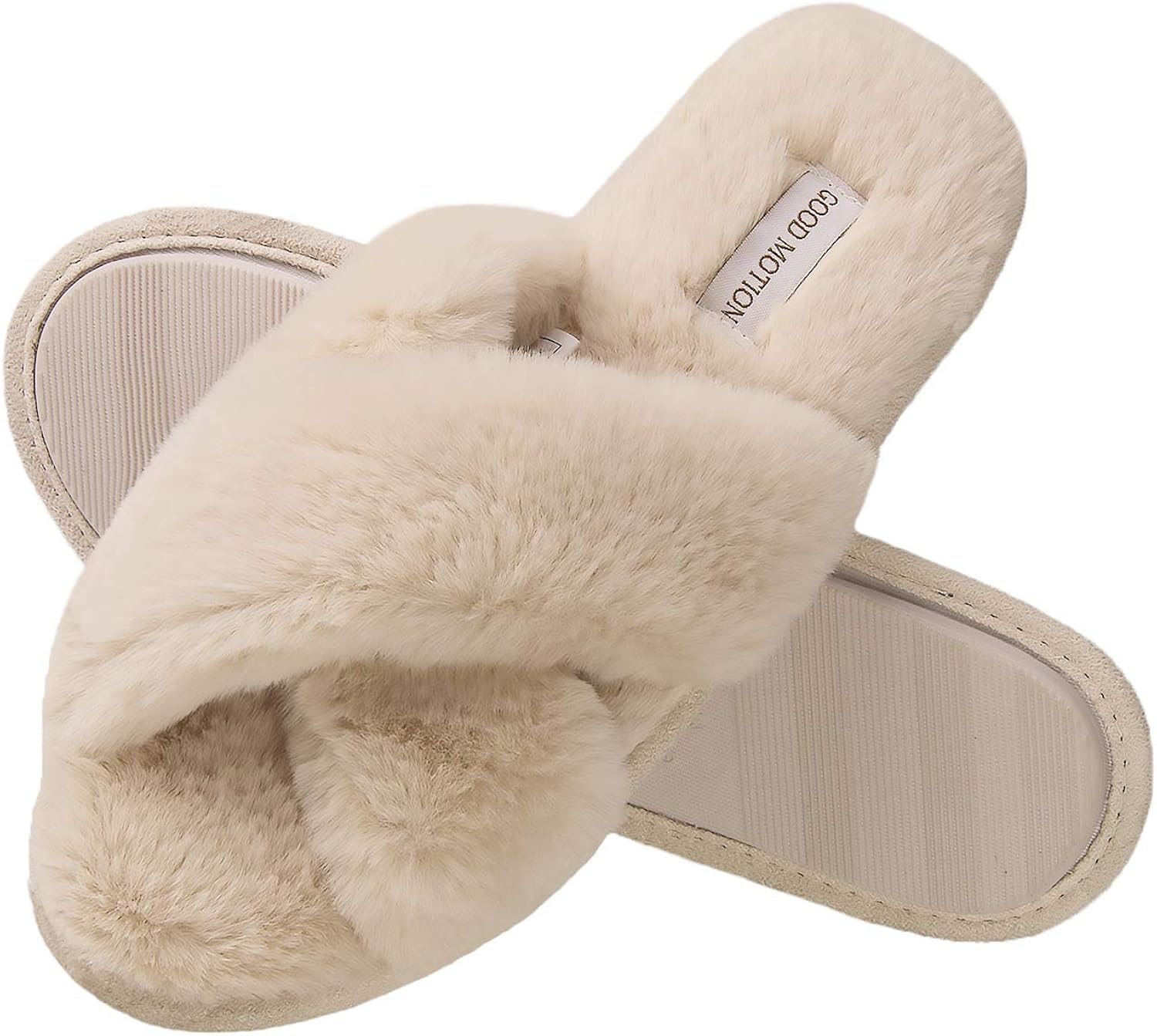 good motion Women's Cross Band Slippers, Soft Plush Furry Fleece Open