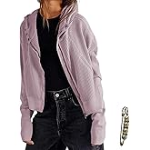 Yazinie Womens Y2K Waffle Knit Hooded Sweater Thermal Sweatshirt Ribbed Cuffs Pockets Button Details Casual Outerwear