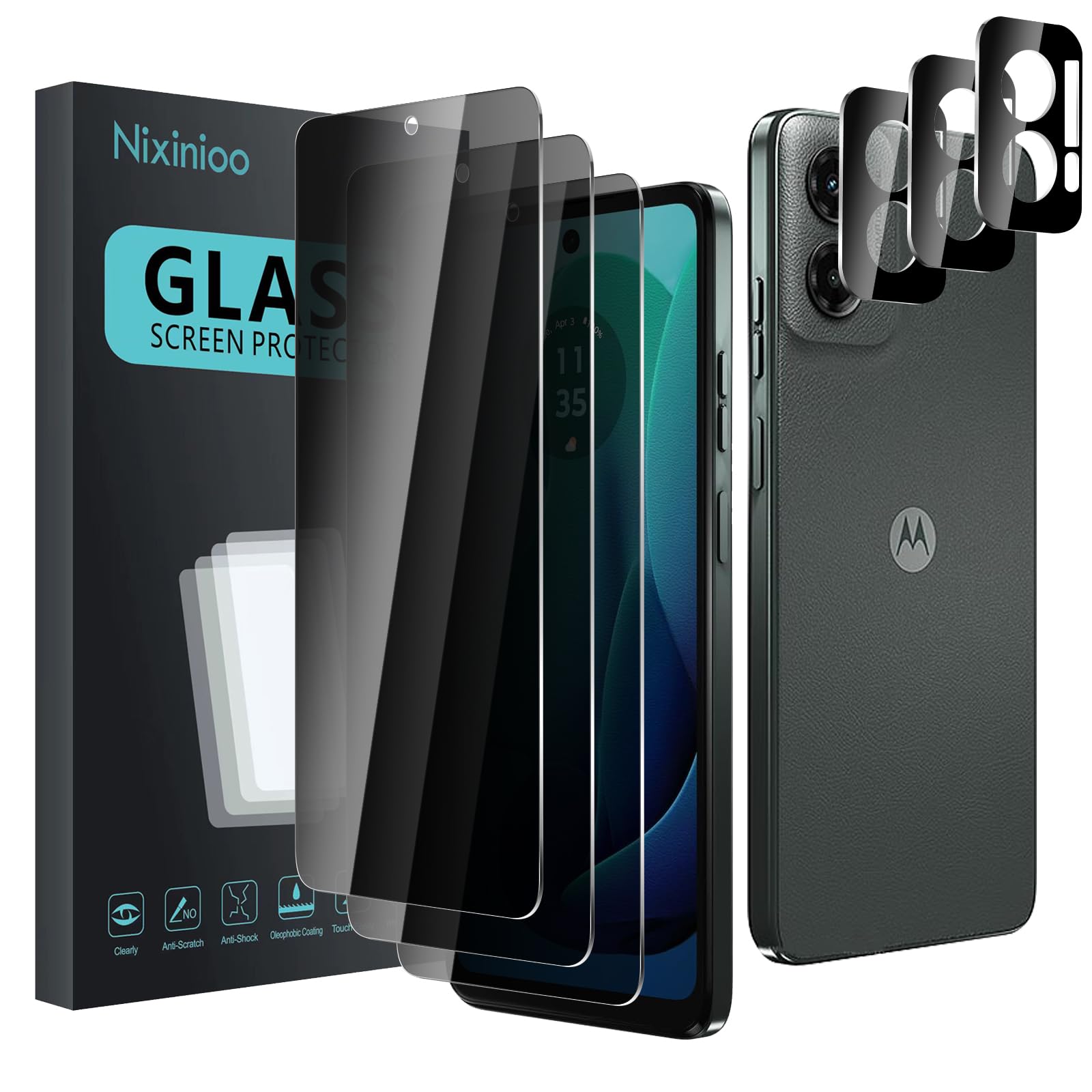 Nixinioo 3 Pack Privacy Screen Protector for Motorola Moto G 5G 2024 With 3 Pack Camera Lens Protector, Anti Spy Tempered Glass Film, 9H Hardness, Black Protector, Anti-Scratch, Bubble Free