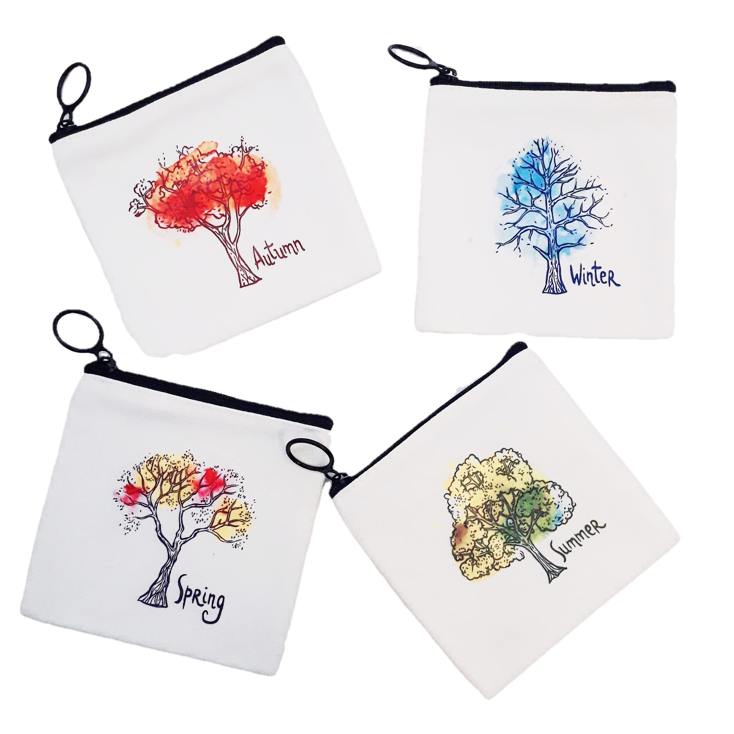 NUTFORD Canvas Purse Pouch Bag, Four Season Themed, 12oz Canvas, Vintage Zip Design, For Money Coin Accessories Holder or DIY Craft, for Women Men Kids (Four Seasons (set of 4))