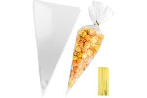 LXZYU 7x15 Inches Cone Shaped Treat Bags, 100 Pcs Clear Cellophane Treat Bags Plastic Cone Triangle Carrot Shaped with Ties for Graduation Candy Popcorn Bag Cookies Snack Party Favor Gift Pouches Decorations
