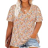 CARCOS Plus Size Tops for Women Short Sleeve Smocked V Neck Shirts Casual Summer Tunic Loose Fit Tshirts XL-5XL