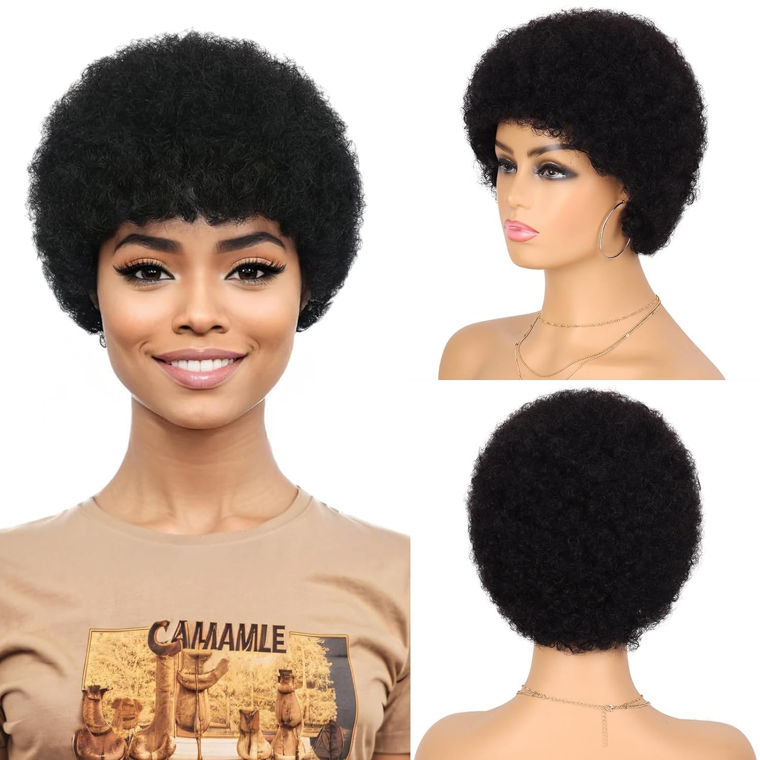 Fereowth Afro Kinky Curly Human Hair Short Wigs for Women, Human Hair Pixie Cut Natural Looking Glueless Hair Wig Full and Fluffy No Lace Wig Black Color 1B
