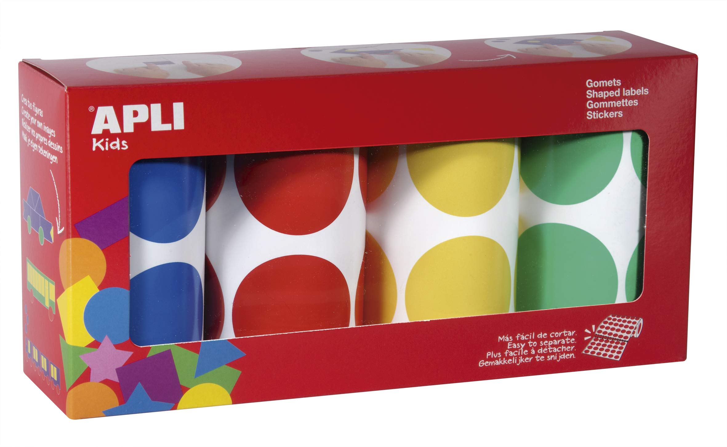 Apli Kids 45mm Round Colour Stickers - Yellow, Blue, Red and Green - 4 Rolls