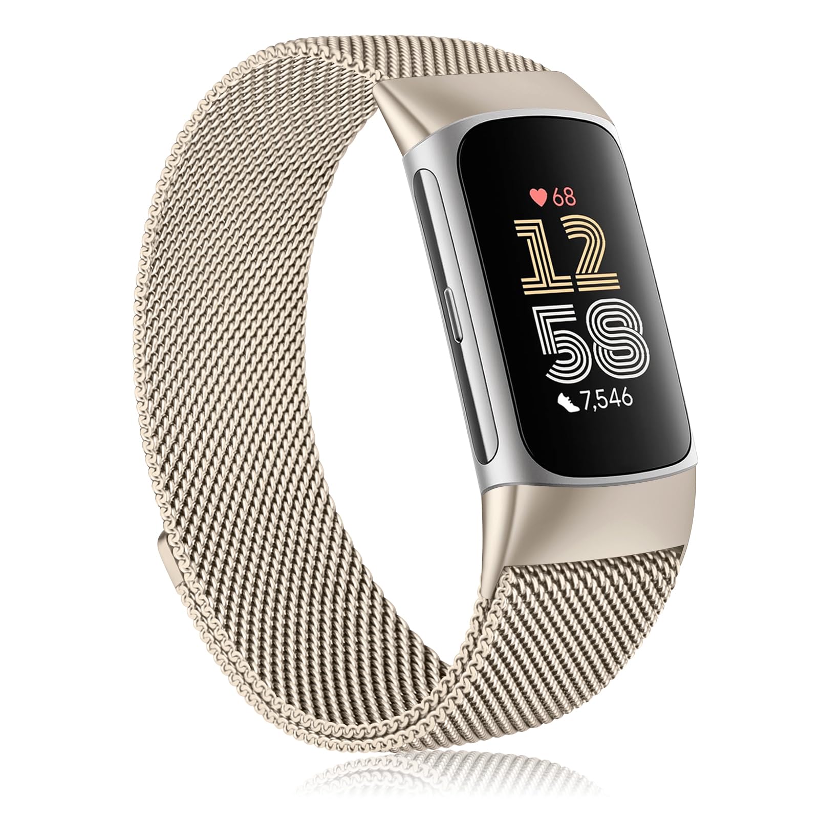 Stainless Steel Mesh Loop Band for Fitbit Charge 6/5, Magnetic Clasp for Women and Men (Champagne)