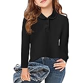 Haloumoning Girls Long Sleeve Polo Shirts Kids Peter Pan Collar School Uniform Shirts Cute Tops 5-14Y