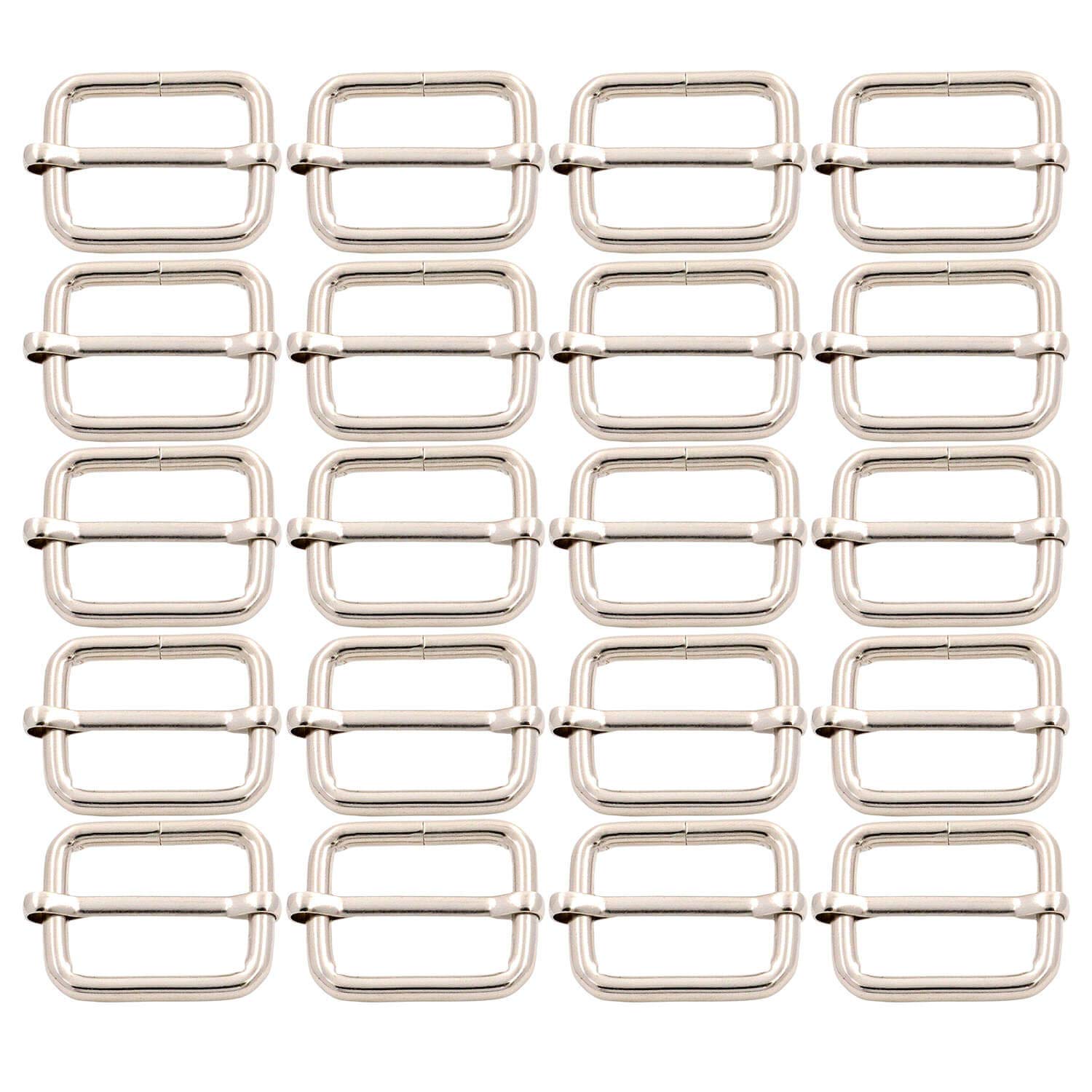 BIKICOCO Metal Slide Adjuster Buckle Tri-Glides with Movable Center Bar, for Straps, 1 x 3/4 Inch, Silver, Pack of 20