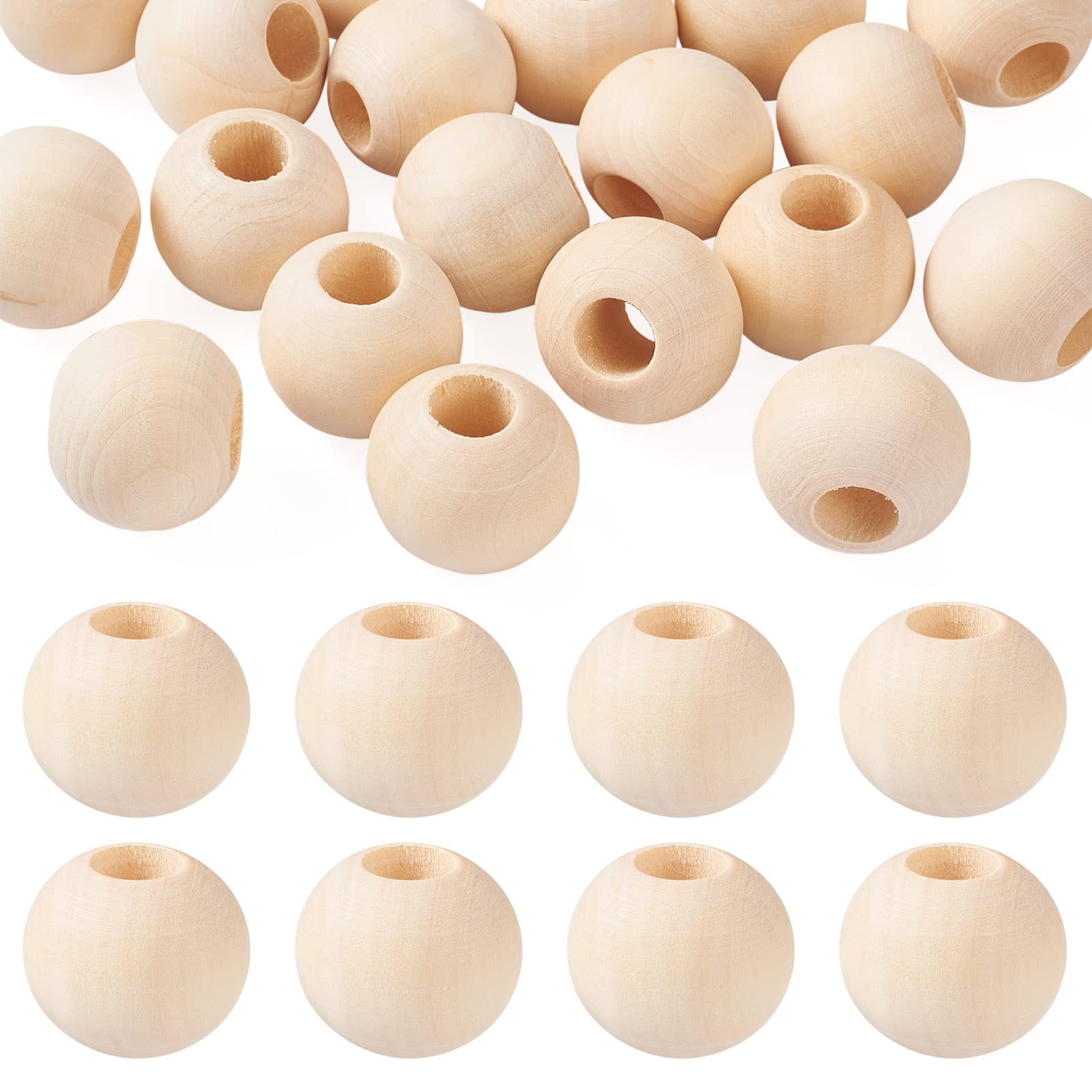 PandaHall 20pcs 25mm Natural Round Wood Beads Large Hole Unfinished Wooden Ball Spacer Loose Beads with 9~10mm Hole for Crafts DIY Handmade Decorations Jewelry Making, Antique White