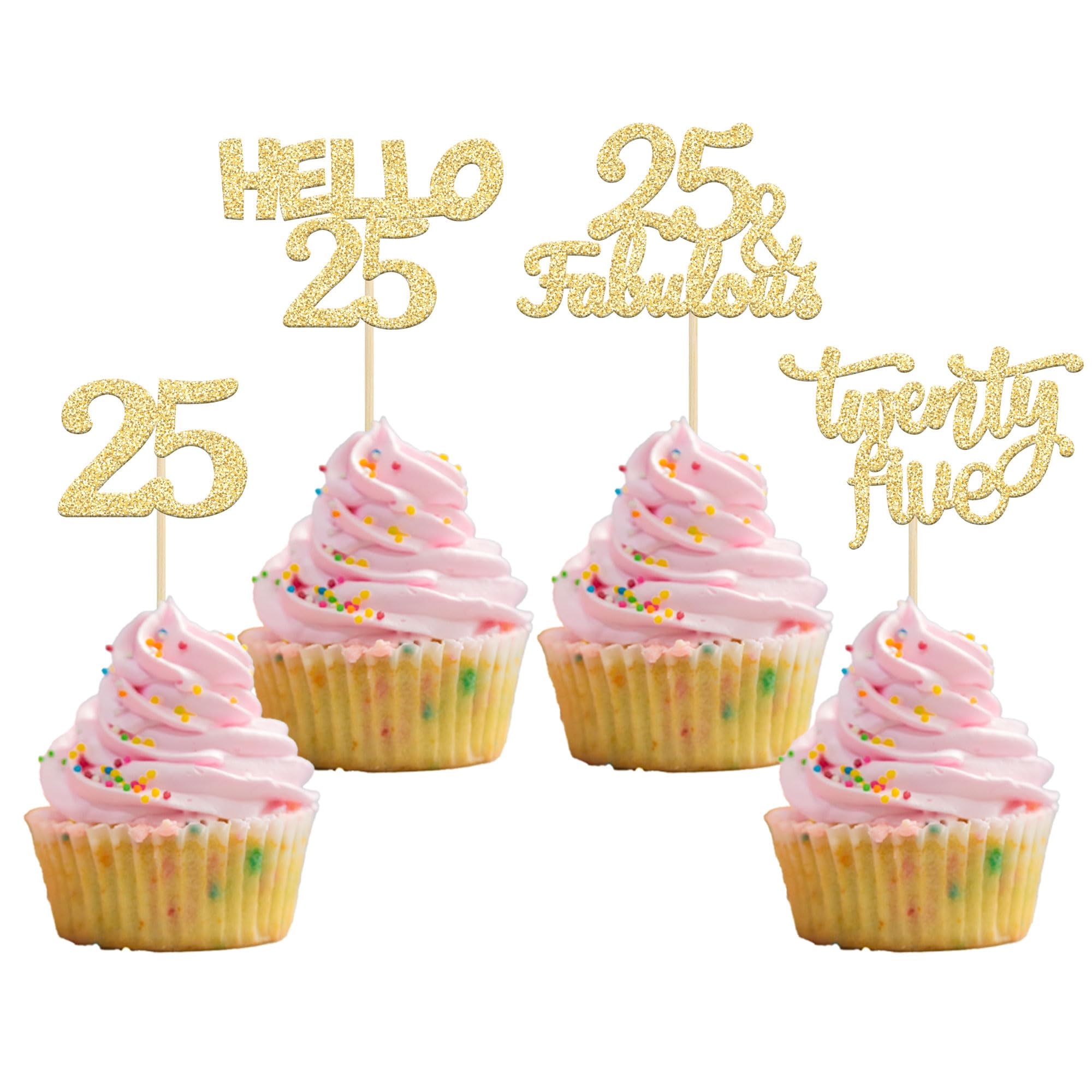 Gyufise 24Pcs Gold Glitter 25th Birthday Cupcake Toppers 25 Fabulous Cupcake Picks Hello 25 Twenty Five Cupcake Picks for 25th Birthday Cake Decorations Supplies