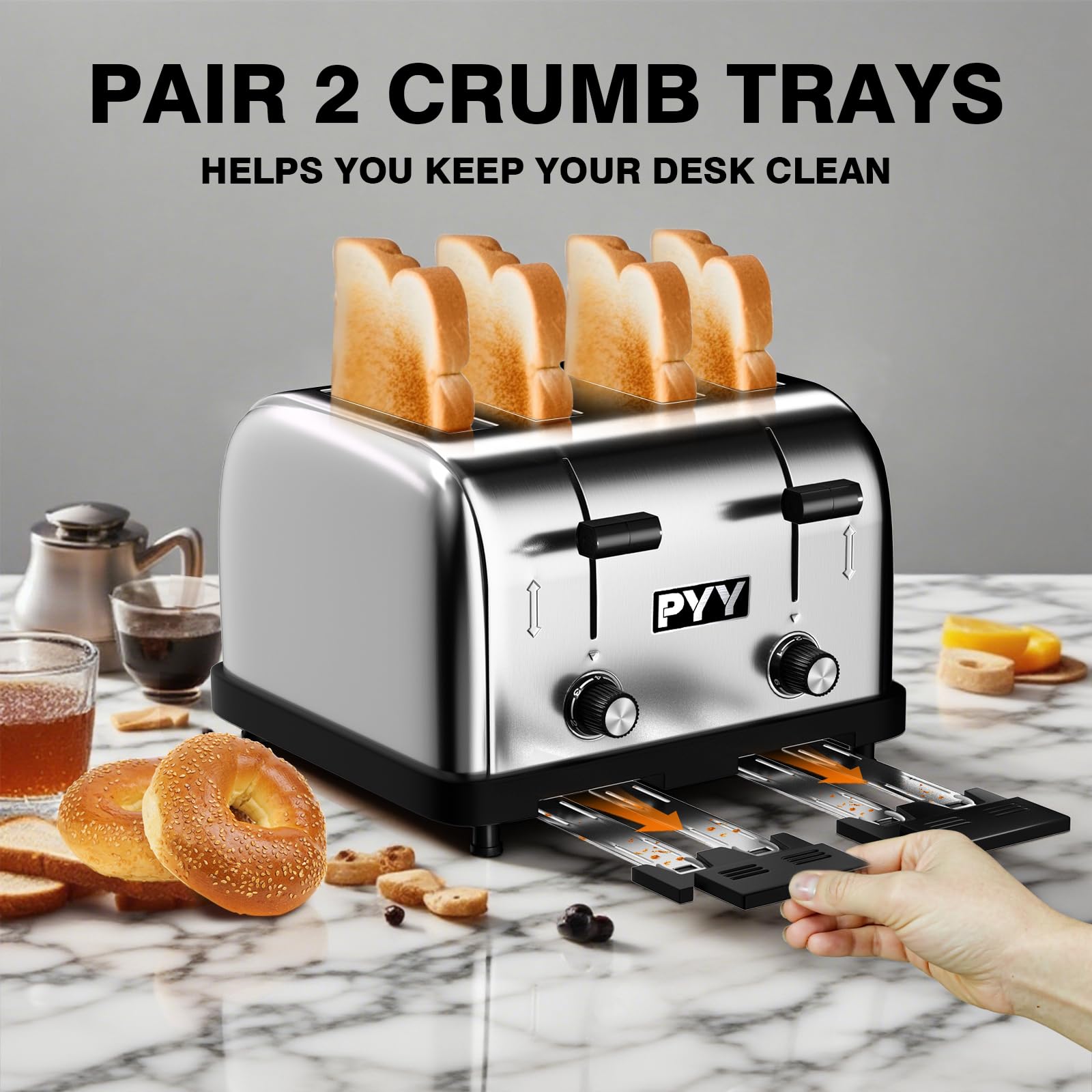PYY Tostadora comercial de 4 rebanadas para restaurante - Ranuras anchas Ajuste de 6 niveles de acero inoxidable de 1,57 pulgadas, con bandeja para migas extraíble, 225 rebanadas/hora 1800 W - Pan, bagels, desayuno, tostadas de Texas